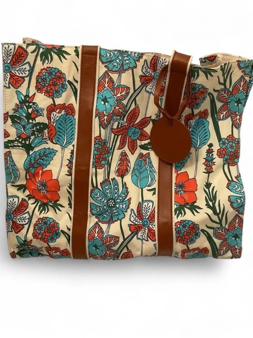 Canvas Floral Tote Bag with Brown Trim - Multicolor